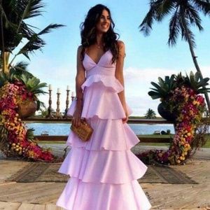 Pink satin tiered long prom dress